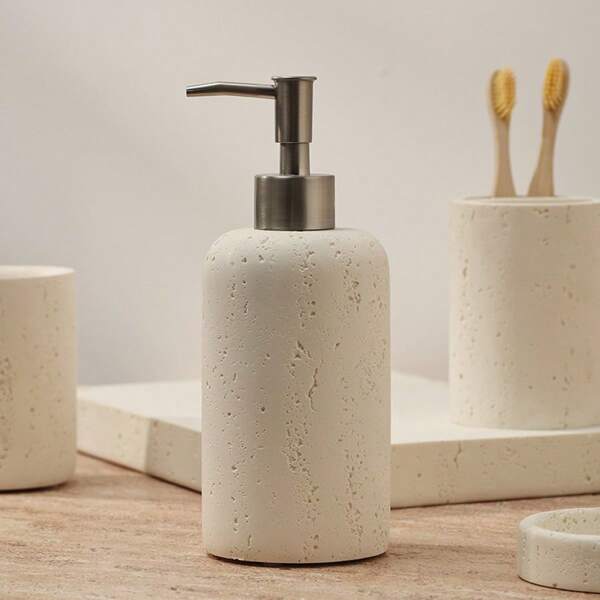 1 pièce Distributeur de savon en pierre, bouteille de savon en grès avec pompe argentée, parfait pour le savon à mains et le distributeur de lotion dans la salle de bain et le SPA