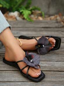 法式平底花朵系带一脚蹬女式凉鞋，全新夏季时尚精致优雅设计，适合约会、派对、通勤、购物、聚会、度假、海滩 - 黑色 - 查看 4