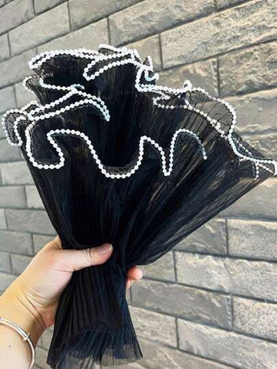 3pcs Faux Pearl Tulle Flower Wrapping Paper, Multifunctional Gift And Bouquet Packaging Supplies, Fresh Flower Packaging Net, Gift Packaging Net, Flower Decor, Cake Tulle Wedding Edging DIY Wavy Tulle Lace Fresh Flower Rose Tie Bouquet Florist Romantic Decor Packaging Tulle Ribbon Wavy