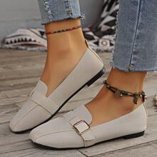 New Spring/Summer Women's Casual Square Toe Flat Loafers, Belt Buckle Decor, Slip On Comfortable Plus Size Shoes