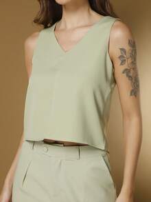 Tailored Set Elegant Set Set Of Palazzo Pants And Blouse - 橄欖綠 - 查看 9