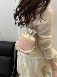 Mini Embossed Crocodile Skin Drawstring Acrylic Box, Fashion Drawstring Closure Pearl Handbag - Pink - View 8