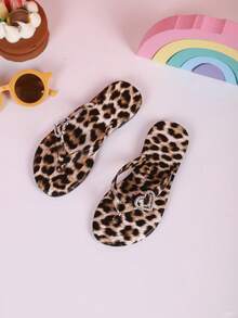 1 双夏季女童人字拖，时尚心形水钻，随机印花设计，适合户外、度假、沙滩、平底凉鞋 - 棕色 - 查看 6