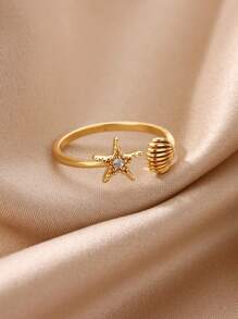 1Pc Marine Life Starfish Shell Ring With Zirconia, Dainty Ocean Sea Shell Open Adjustable Finger Ring, Ladies Jewelry Fashion Accessories
