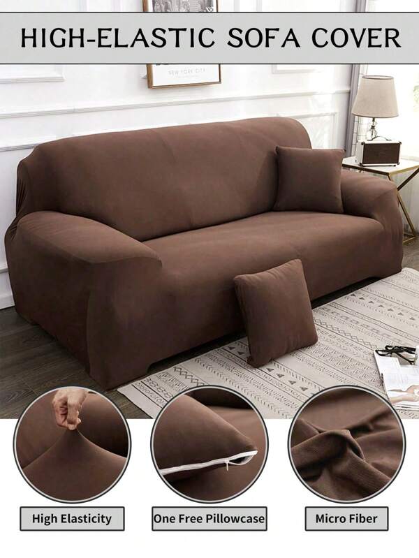 1pc Solid Color Milk Silk Stretch Full Cover Sofa Slipcover + 1pc Matching Pillow Sham Cover Without Filling