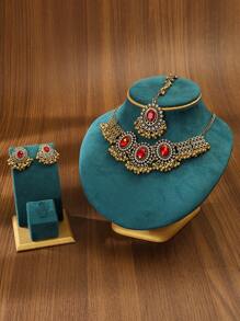 Hot Selling 2024 - 4pcs/Set Zinc Alloy Antique Bronze Tone Women Jewelry Set, 1pc Black/White Oval Crystal Glass & Faux Pearl Gold Tone Necklace, 1 Pair Elegant Earrings, 1pc Bollywood Style Forehead Chain, Perfect Gift For Casual Wear & Festivals