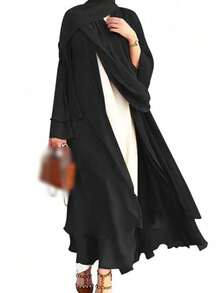 1 chiếc Abaya hai lớp bằng vải chiffon, màu trơn, kiểu dáng rộng rãi, thoải mái, phù hợp cho nữ cỡ lớn, kiểu áo cardigan mở, kín đáo cho lễ Eid mùa xuân. - Xám - Xem 13