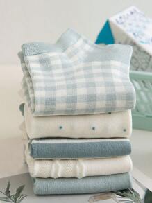 5 Pairs Women's Solid Color Ankle Socks, Summer Boat Socks, Plaid Design