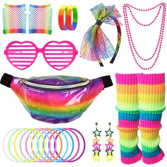 80s Fancy Dress For Women Girls, 1980s Party Costume Accessories Set Bumbag Leg Warmer Earrings Fishnet Gloves Necklace Eyeglasses Bracelet Headband, Retro Outfit For 80s Party/Dress Up Day, Rainbow, Halloween