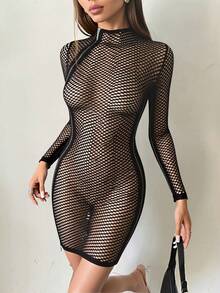 Vestido midi dama mujer sexy tejido stretch calado  zig zag cierre diagonal zipper metálico cuello redondo alto manga larga bajo recto ajustado ideal día noche fiesta playa salida evento festival primavera verano calor - Negro - Ver 3