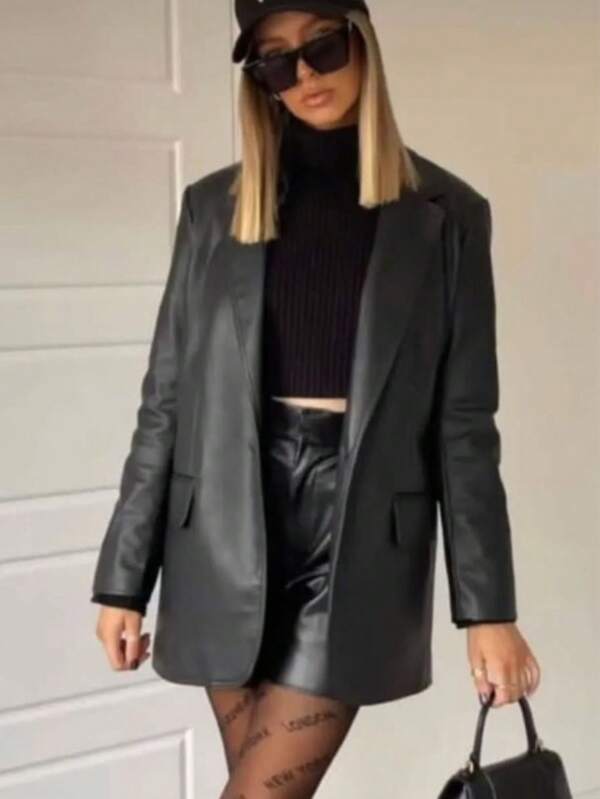 Maxi Blazer Feminino Couro Ecologico Fake Manga Longa