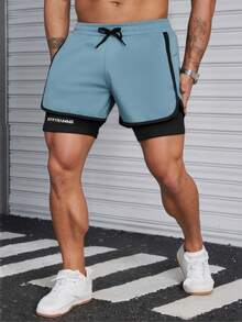 Men's Letter Print Drawstring Waist Double Layer Sports Shorts, Outdoor Running - Baby Blue - View 1