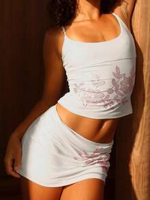 Women Flower Rhinestones Mesh Crop Cami And Mini Skirt Two Pieces Set Bodycon Sexy Y2K Matching Outfit - White - View 3