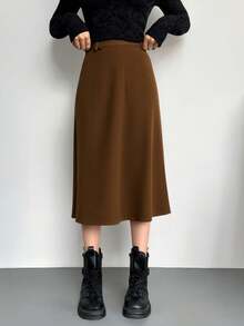 falda  larga con pretina suelta unicolora para dama - Café integral - Ver 1