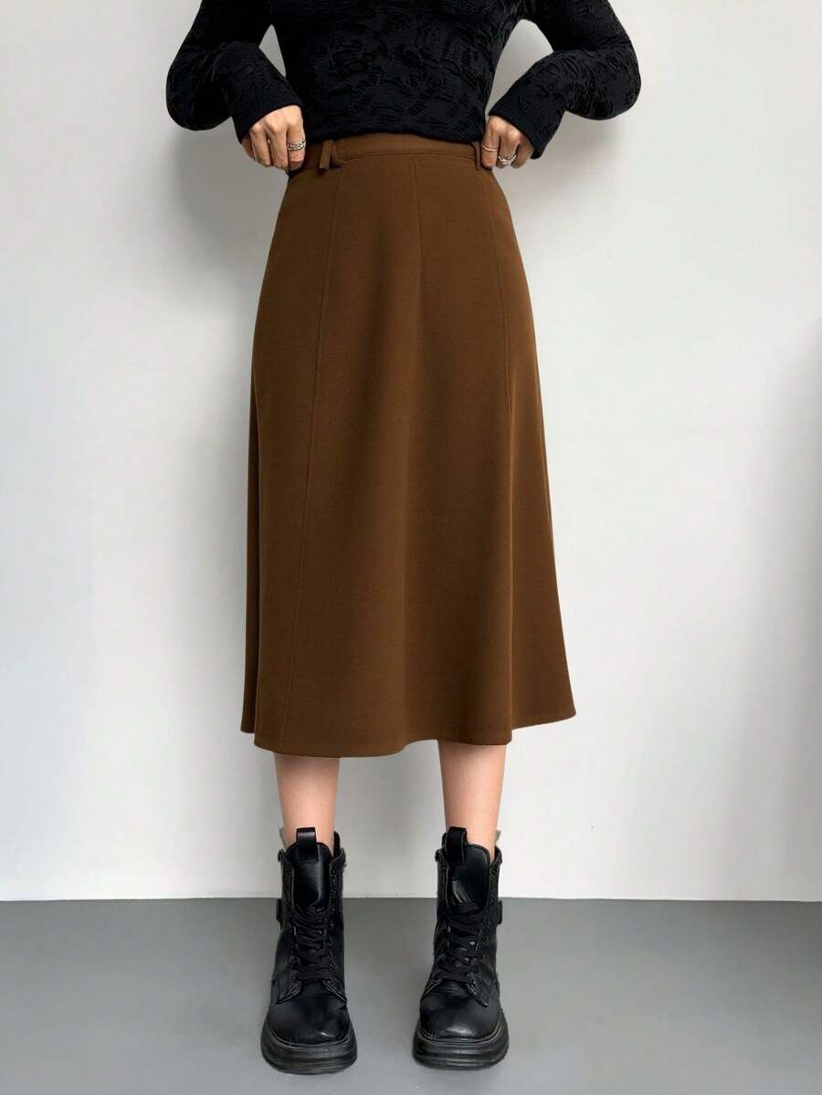 falda  larga con pretina suelta unicolora para dama - Café integral - Ver 1