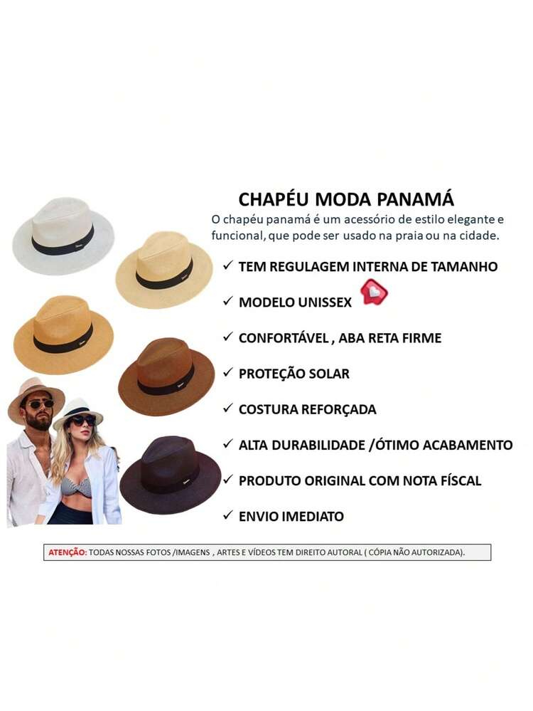 CHAPÉU MODA PANAMÁ SHANTUNG  FEDORA PALHA  FAIXA PRETA QUALIDADE PROMOÇÂO - Caramelo - Visão 2