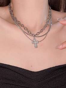 1pc Minimalist Fashion Elegant Edgy Multi-Layer Rhinestone Cross Necklace, Luxury Niche Design, Suitable For Women Everyday And Holiday Wear - Chain Cross - View 2