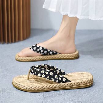 女士草编碎花防滑平底人字拖，休闲家居和沙滩拖鞋
