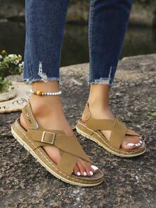 IH2 Damen Soft Criss-Cross Riemen, Single Schnalle, Klettverschluss, flach, Lässig Sports Sandalen mit Schneeflocke Sohle