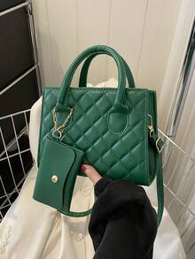 2pcs Fashion Simple Solid Color Quilted Handbag Set - Green - View 11