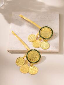 Herseygold 2 peças de grampos de cabelo femininos banhados a ouro, estilo árabe do Oriente Médio, acessório de cabelo para casamento e moeda turca