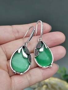 1 对复古优雅绿色猫眼泪珠耳环女士