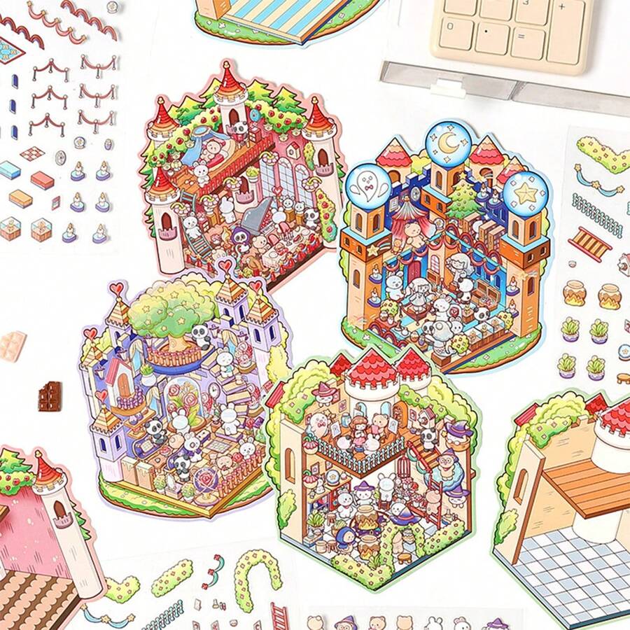 4pcs Rainbow Fortress 3D Stickers Creative Miniature Scene Layout Sticker Set
