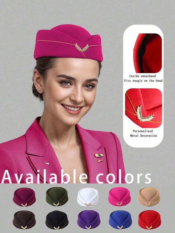 1pc Women's Solid Color Fashionable Flight Attendant Cap, Beret Hat For Cosplay, Party, Holiday, British Stage Performance, Wedding, Band Uniform, Hotel Front Desk