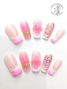 10 pezzi di unghie indossabili realizzate a mano, sfumatura rosa e bianco, fiori lavorati a mano con stami dorati a sfera, linee dorate ovali, decorazioni a forma di croce di strass, ornamenti dorati a forma di moneta, decorazione a rigonfiamento filettato. Stile primavera ed estate, adatto per il tempo libero quotidiano, le vacanze, camminare sul verde, partecipare a danze, banchetti, feste ed altre attività. Forniture per unghie