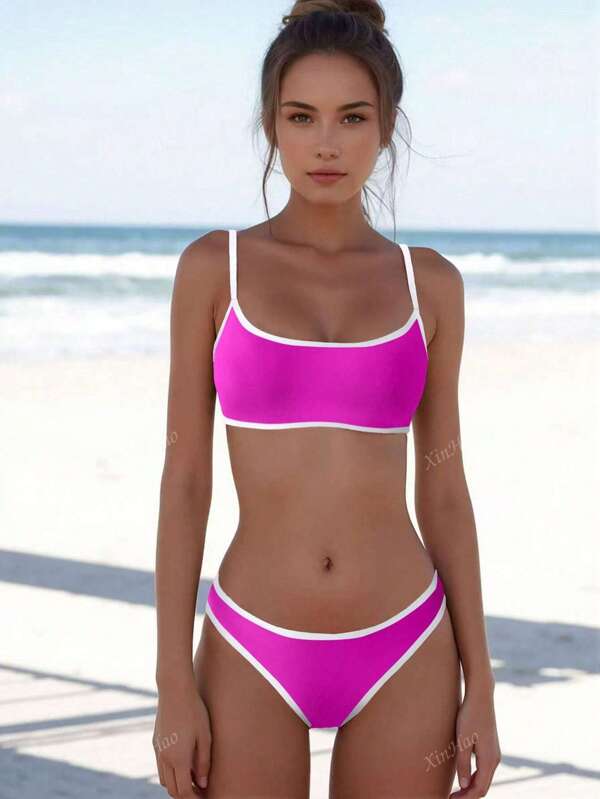 2 Peças Conjunto de Maiô Bikini Sexy Feminino com Acabamento Contrastante, Roupa de Praia