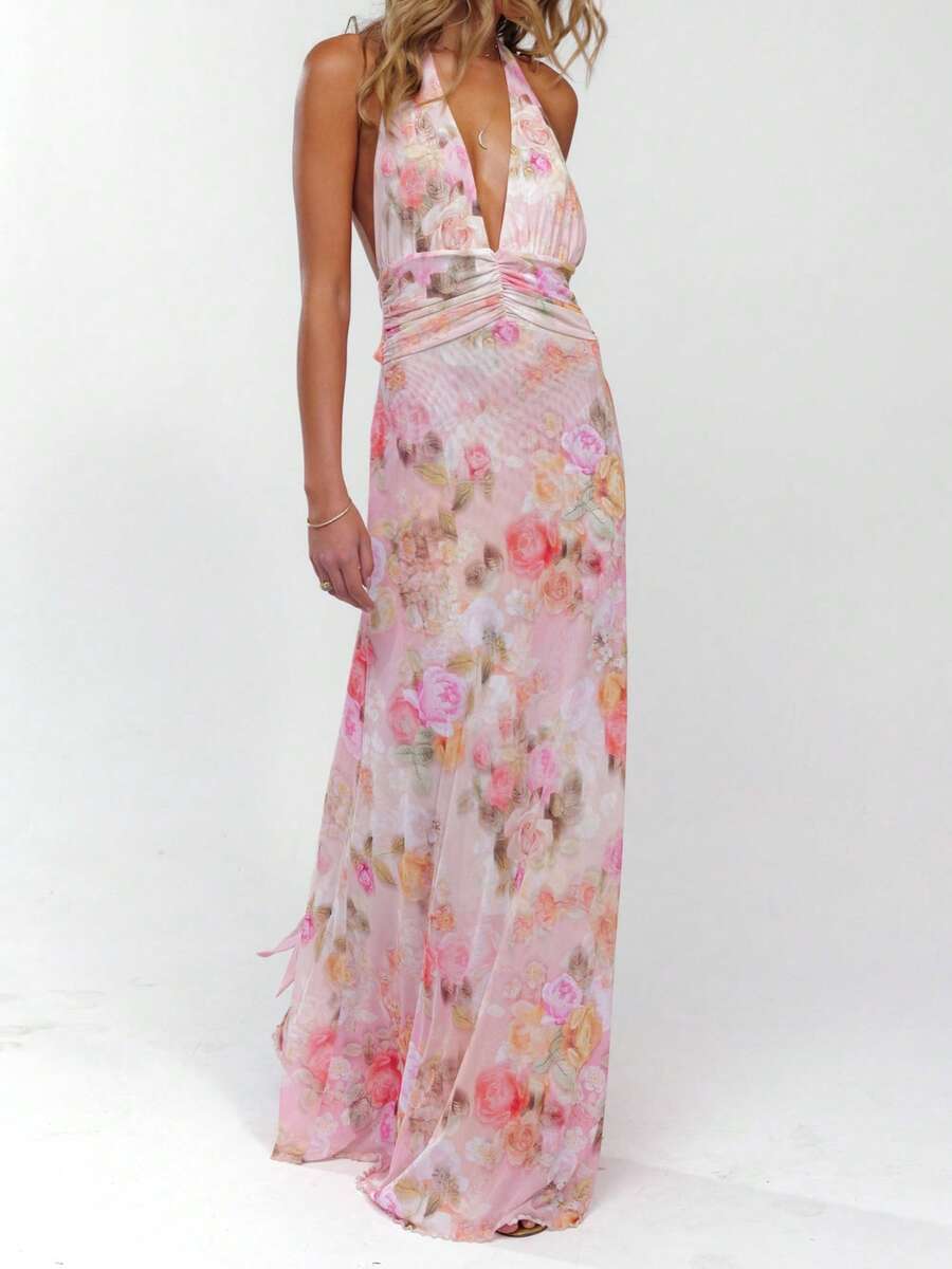 Womens Boho Floral Print Halter Maxi Bodycon Dress Summer Sexy Backless Flowy Long Dresses Beach Vacation Sundress - 粉色 - 查看 1