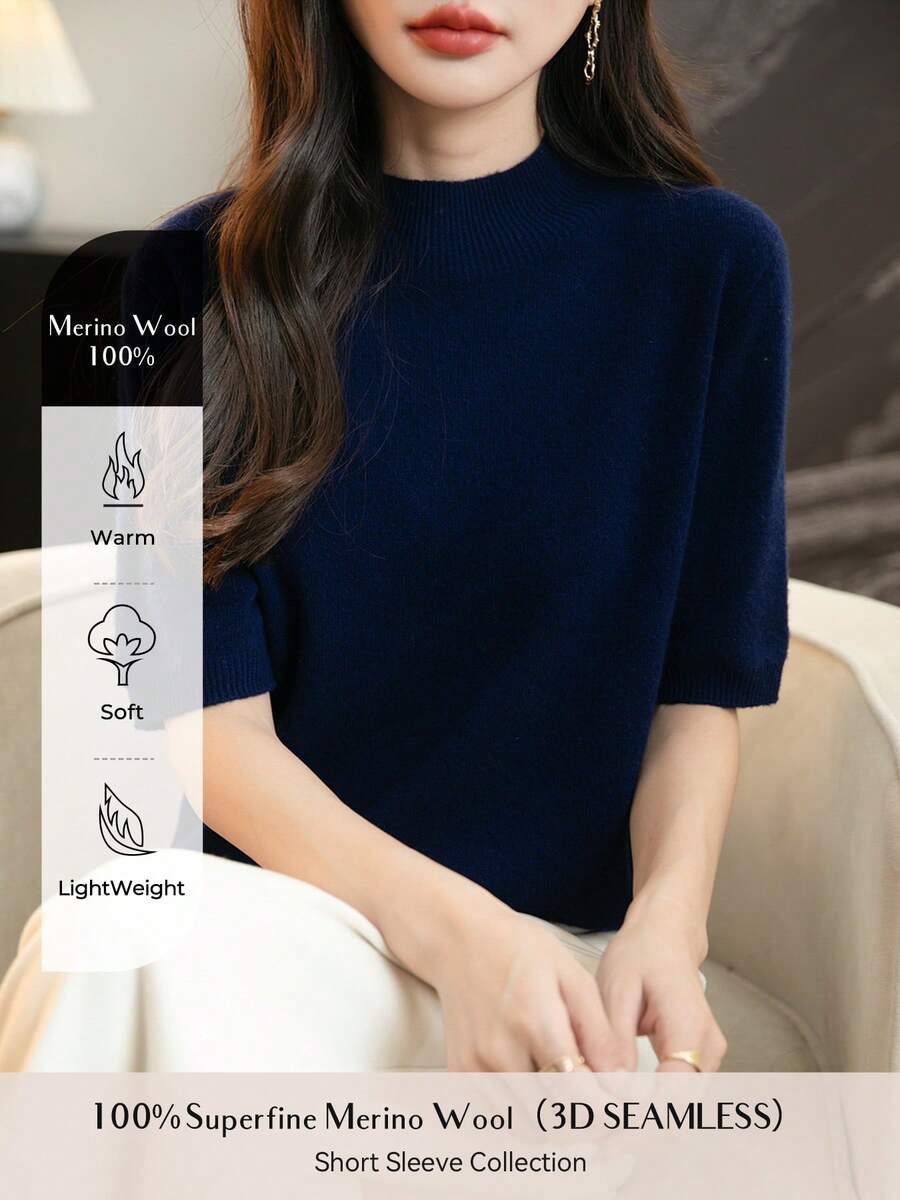 女士 100% 美利奴羊毛可爱夏季上衣优雅单线无缝毛衣女士立领短袖针织上衣春夏季女士新款羊毛 T 恤上衣 - 藏蓝色 - 查看 1