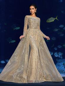 Faeriesty Haute Glamour Luxurious Sequined Mermaid Gown With Intricate Beading & Long Sleeves - Regal Underwater Fantasy Dress For Garden Banquets, Red Carpet Events, Underwater Photoshoots & Marine-Themed Weddings - Rượu sâm banh - Xem 8