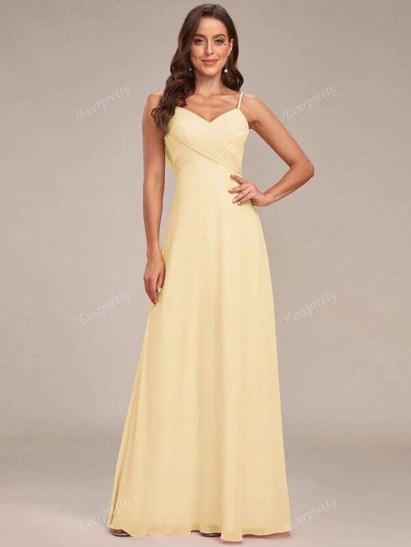 EVER-PRETTY Spring Sexy Camisole V-Neck Spaghetti Straps Evening Gown Dress Casual And Fashionable For Daily Wear Butter Yellow Bridesmaid Dresses Wedding Guest Dress For Wedding