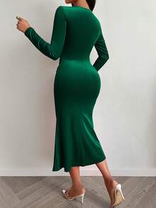 abyoxi Vestido ajustado de sirena de manga larga y elegante color verde con detalles de fruncido y cremallera para mujer