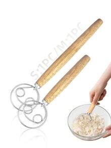 1pc Stainless Steel Coil Flour Whisk With Wooden Handle, Danish Dough Whisk, Stainless Steel Dough Hook, Dutch Whisk For Sourdough Bread, Pizza, Pastry, Cake Batter, Baking Flour Mixer, Dough Mixer, Egg Beater, Dough Stirring And Dough Tools For Restaurants, Food Trucks, Bakeries - - - View 7