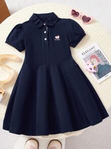 Vestido de Verão para Meninas, Vestido de Manga Curta Estilo Academia com Bordado de Coração Elegante e Manga Bufante para Crianças, Saia Casual Esportiva em Formato A para Meninas Pré-Adolescentes, Nova Moda de Roupas para Meninas