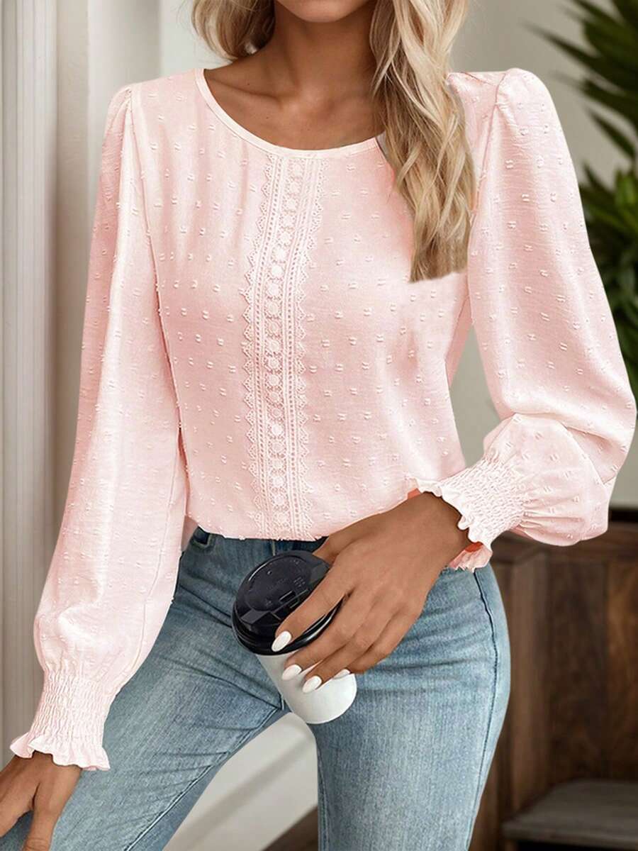 SANOPY Womens Blouses,Blouses For Women Dressy Casual,Women's Round Neck Lace Balloon Sleeve Shirt,Solid Color Casual Pleated Edge Lace Stitching - Hồng - Xem 1
