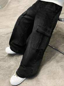 Tween Boys' Casual Loose High Waist Straight Leg Denim Cargo Pants