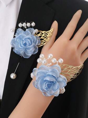 1 pièce Fleur de poitrine + 1 pièce Ensemble de fleur de bracelet, fleur de poitrine élégante en camélia unisexe avec décoration de perles de feuille d'or, fleur de bracelet, convient pour les mariages, les fêtes, le port quotidien, les bals