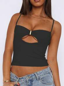 Women Solid Ruched Cutout Slim Fit Sexy Camisole Top, Music Festival Y2K Style Summer Elegant - Dark Grey - View 4