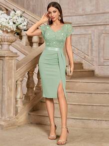 MIUSOL Elegant Sequin Lace Ruched Split Thigh Cocktail Party Bodycon Dress, Wedding Guest Dress