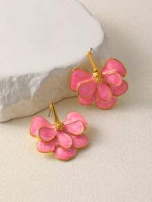 2pcs Enamel Pink Floral Earrings, French Gentle And Elegant - Plated Exaggerated Earrings - Multicolor - View 14