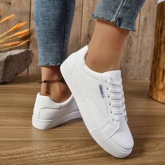 Women's Casual Sneakers, Versatile White Lace-Up Athletic Shoes, Women's Leather Low-Top Round Toe Flat Fashion Sneakers, Casual Trainers
