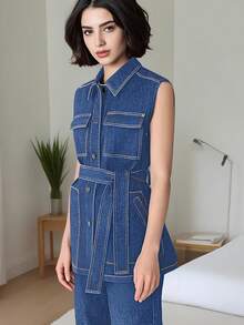 Women's Medium Washed Blue Denim Sleeveless Jacket With Belt, Casual Utility Style - Medium Wash - View 1