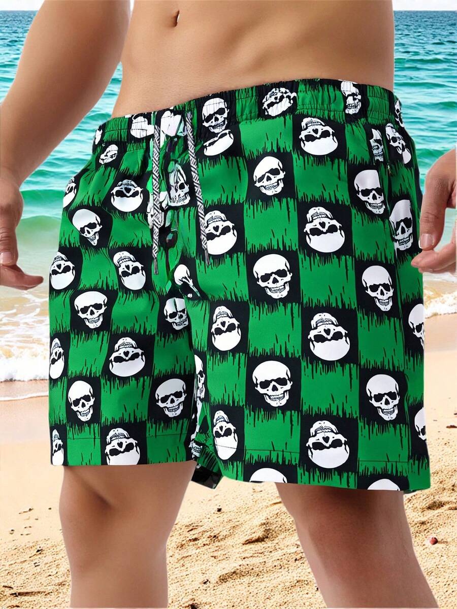 Men's Casual Drawstring Waist Skeleton Print Beach Shorts - Green - View 1