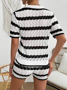 女士条纹 Polo 领短裤套装，时尚休闲宽松镂空轻质针织海滩度假两件套服装，春夏 - 白色 - 查看 2