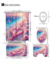 1 peça/4 peças Conjunto de Cortina de Chuveiro com Cenário de Praia Refrescante e Floral, Cria uma Atmosfera Romântica para o Banheiro, Cortina Impressa com 12 Ganchos, Tapete de Banheiro, Tapete em Forma de U para Vaso Sanitário, Tampa de Assento do Vaso Sanitário, Divisória de Banheiro, Acessórios de Banheiro, Decoração de Banheiro