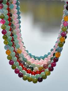 Bohemian Style Natural Stone Necklace, Elegant & Delicate 8mm Colorful Beryl & Rose Quartz Choker, Natural Healing Crystal Jewelry To Soothe Emotions And Balance Energy (Natural Stone Color Random)
