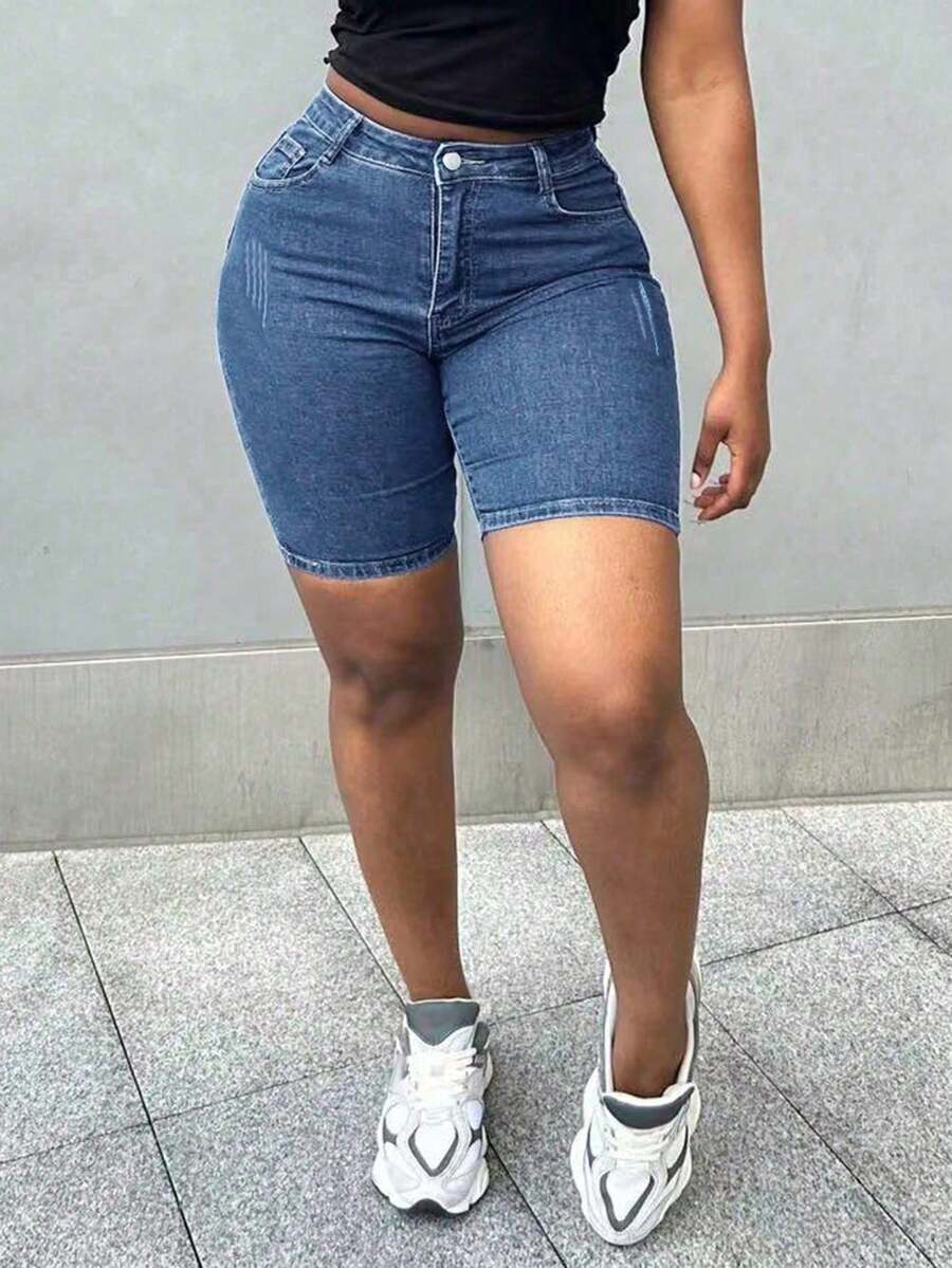 女式夏季休闲胡须装饰弹力紧身牛仔短裤牛仔裤曲线度假海滩牛仔短裤音乐会节女牛仔 - 深色水洗藍 - 查看 1
